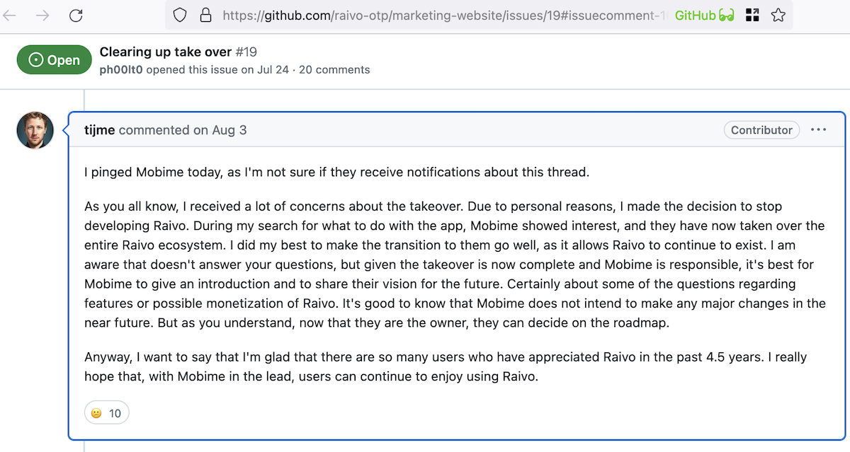 Raivo OTP developer comments on the mobime acquisition