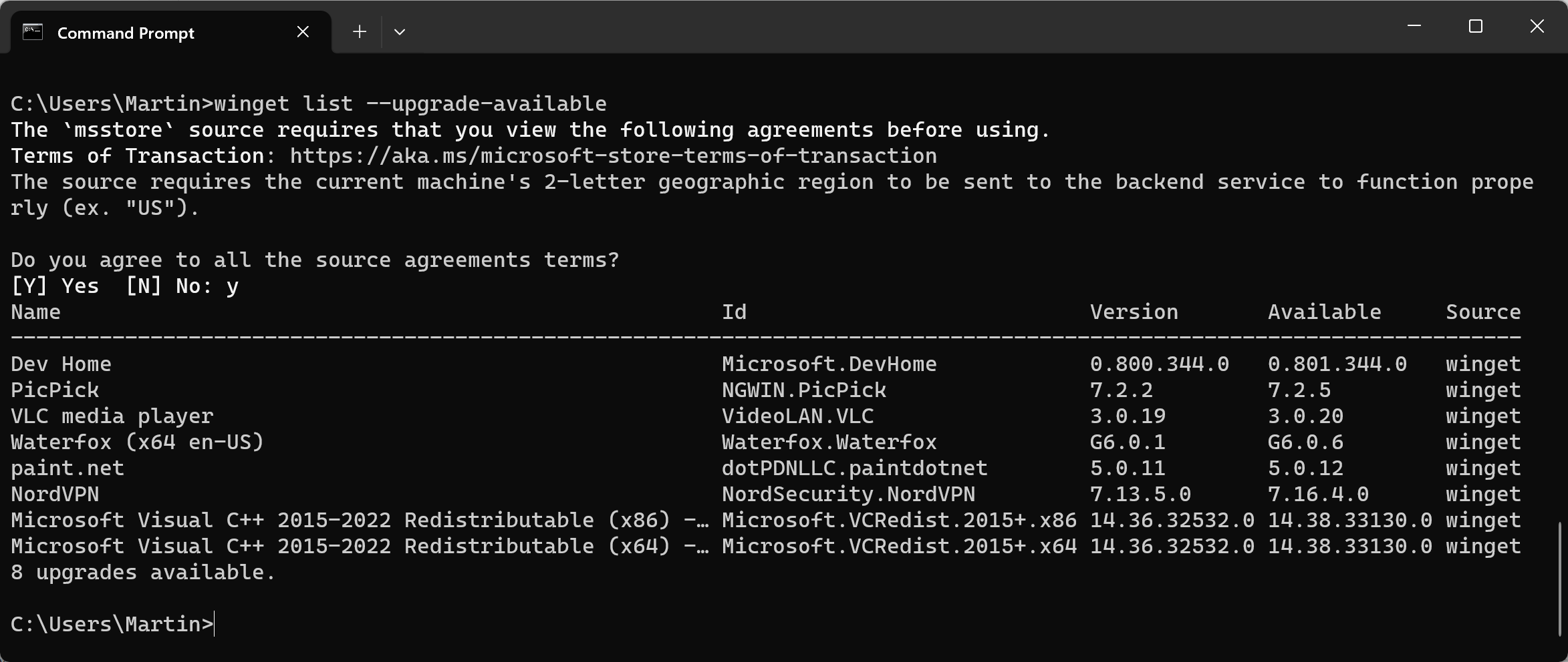 Winget check for updates