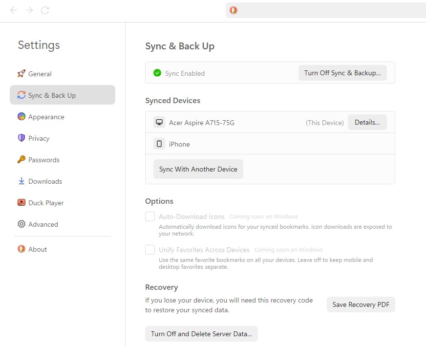 DuckDuckGo browser sync bookmarks passwords
