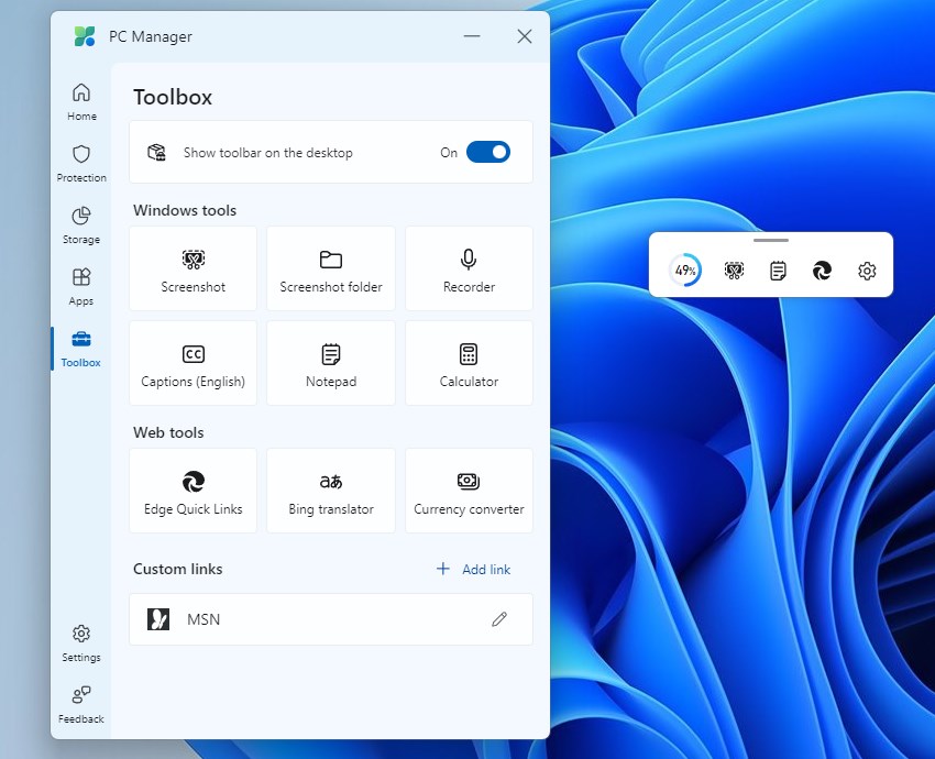 Microsoft PC Manager Windows 10 widget