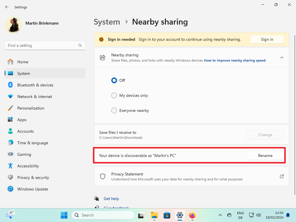Nearby Sharing rename PC