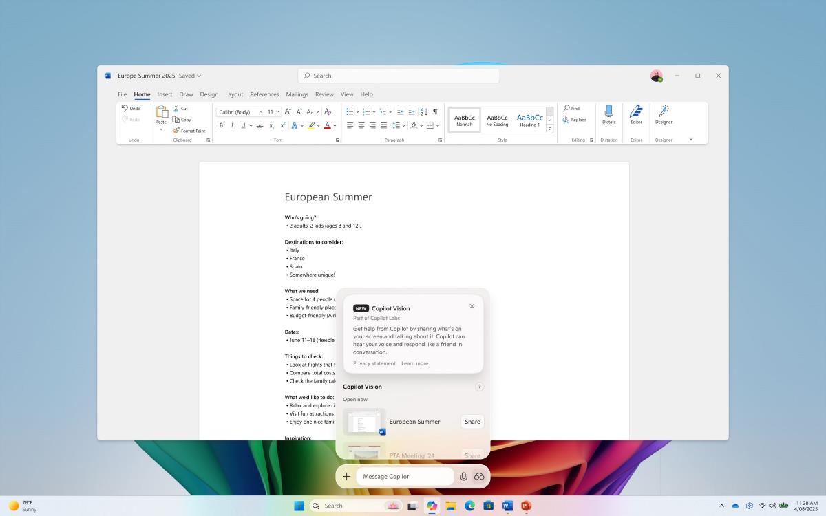 Copilot Vision feature in Copilot app